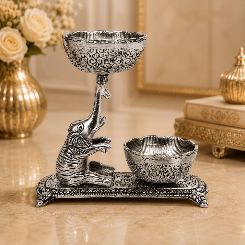 Premium Elephant Dry Fruit & Mukhwas Serving Bowl Set with Dual Bowls – Silver Plated Decorative Snack Server