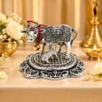 Kamdhenu Cow with Calf Idol | Silver Finish Metal Gau Mata Statue for Home Temple & Pooja
