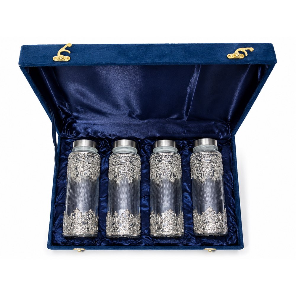 Premium Silver Embossed Glass Storage Jar Set of 4 with Luxury Velvet Gift Box – Kitchen & Dry Fruit Container Set
