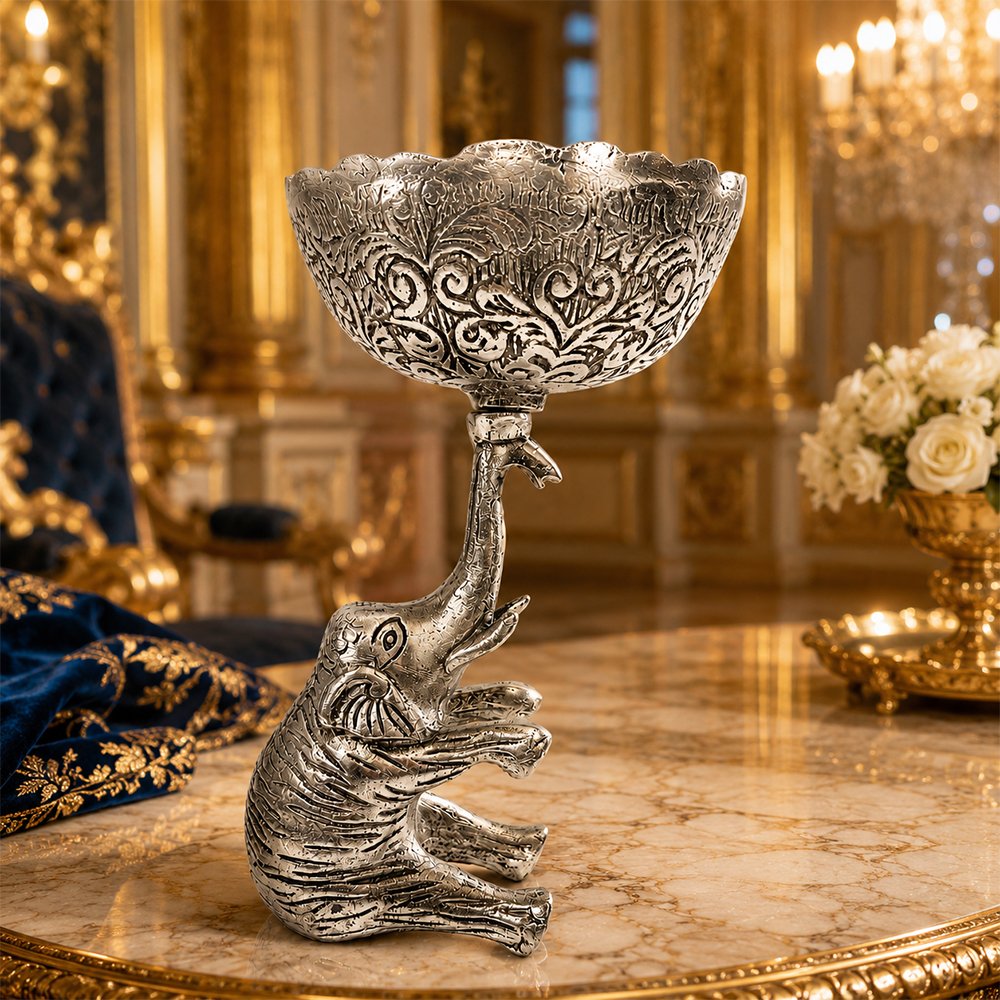 Handcrafted Silver Finish Elephant Decorative Bowl | Lotus Urli for Home Decor & Gifting