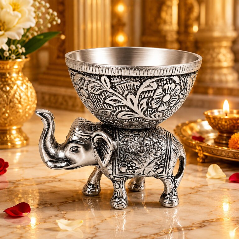 Handcrafted Silver Finish Elephant Urli Bowl for Floating Candles, Flowers & Home Decor