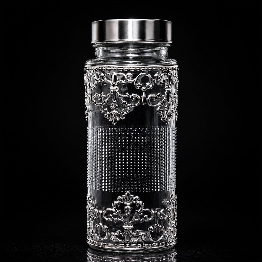 Premium Silver Embossed Glass Storage Jar Set of 4 with Luxury Velvet Gift Box – Kitchen & Dry Fruit Container Set