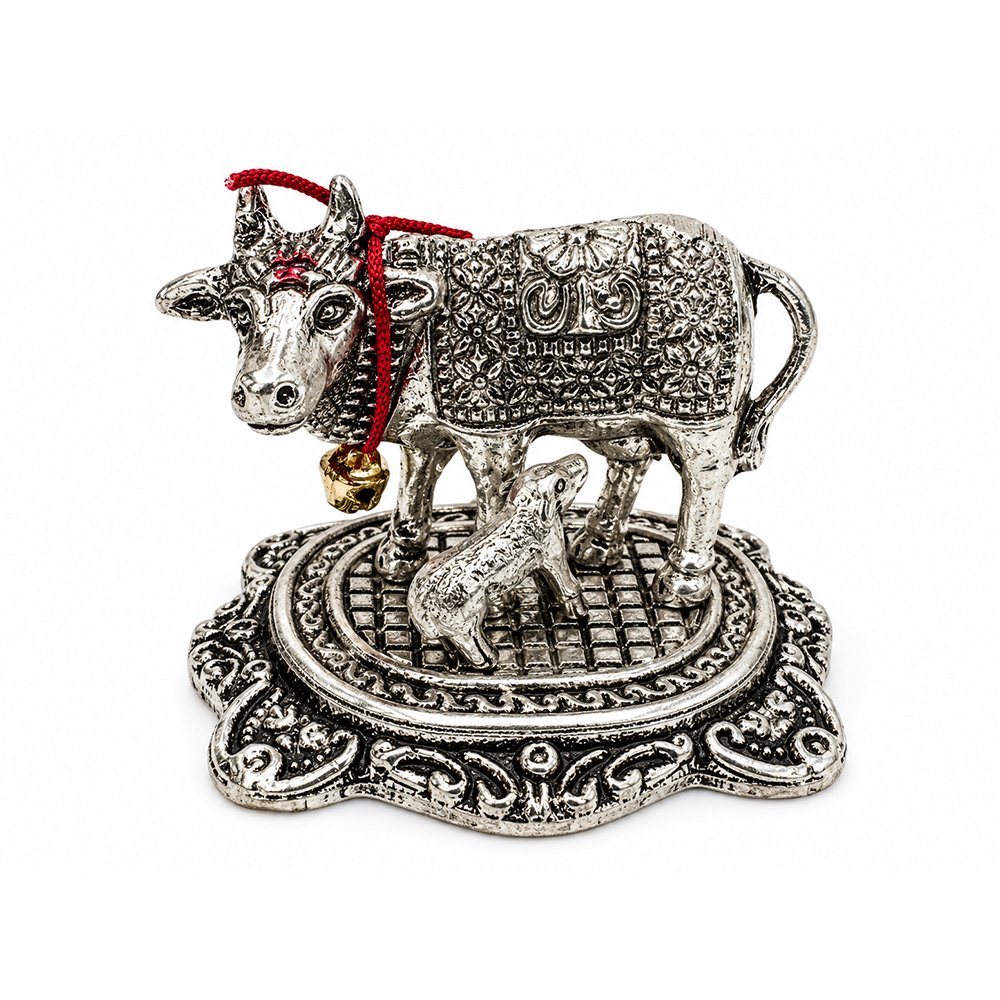 Kamdhenu Cow with Calf Idol | Silver Finish Metal Gau Mata Statue for Home Temple & Pooja