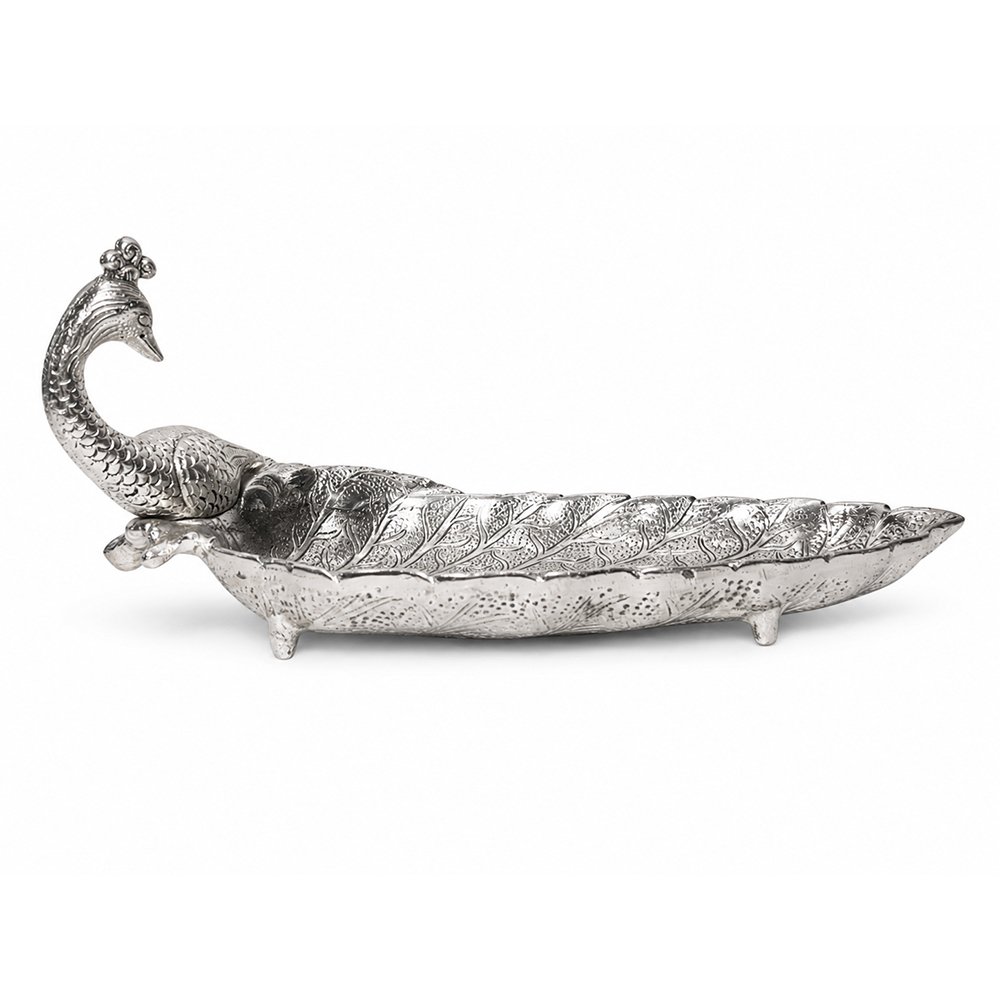 Handcrafted Silver Finish Peacock Leaf Decorative Tray – Premium Metal Serving & Dry Fruit Platter for Home Decor
