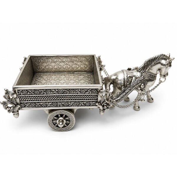 Handcrafted Silver Finish Horse Cart Dry Fruit Box with Peacock Lid – Decorative Serving & Gift Box