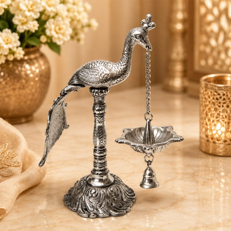 Handcrafted Silver Finish Peacock Hanging Diya with Bell – Decorative Oil Lamp for Pooja & Home Temple