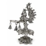 Premium Peacock Three-Wick Aarti Diya with Hanging Bells | Silver Finish Metal Pooja Lamp for Home Temple