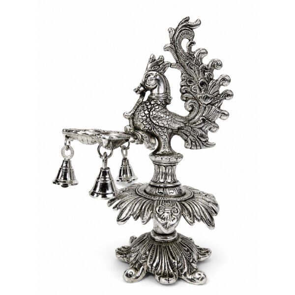 Premium Peacock Three-Wick Aarti Diya with Hanging Bells | Silver Finish Metal Pooja Lamp for Home Temple