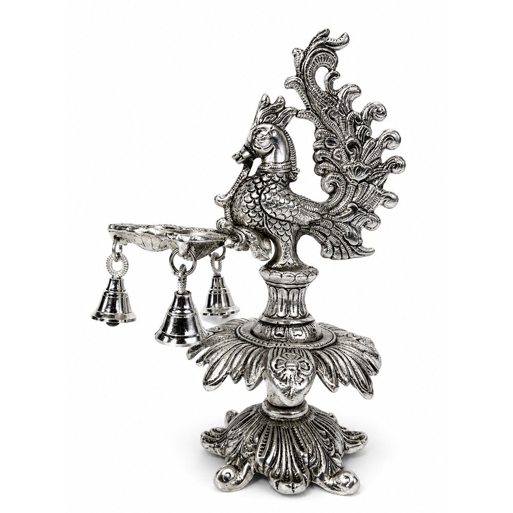 Premium Peacock Three-Wick Aarti Diya with Hanging Bells | Silver Finish Metal Pooja Lamp for Home Temple