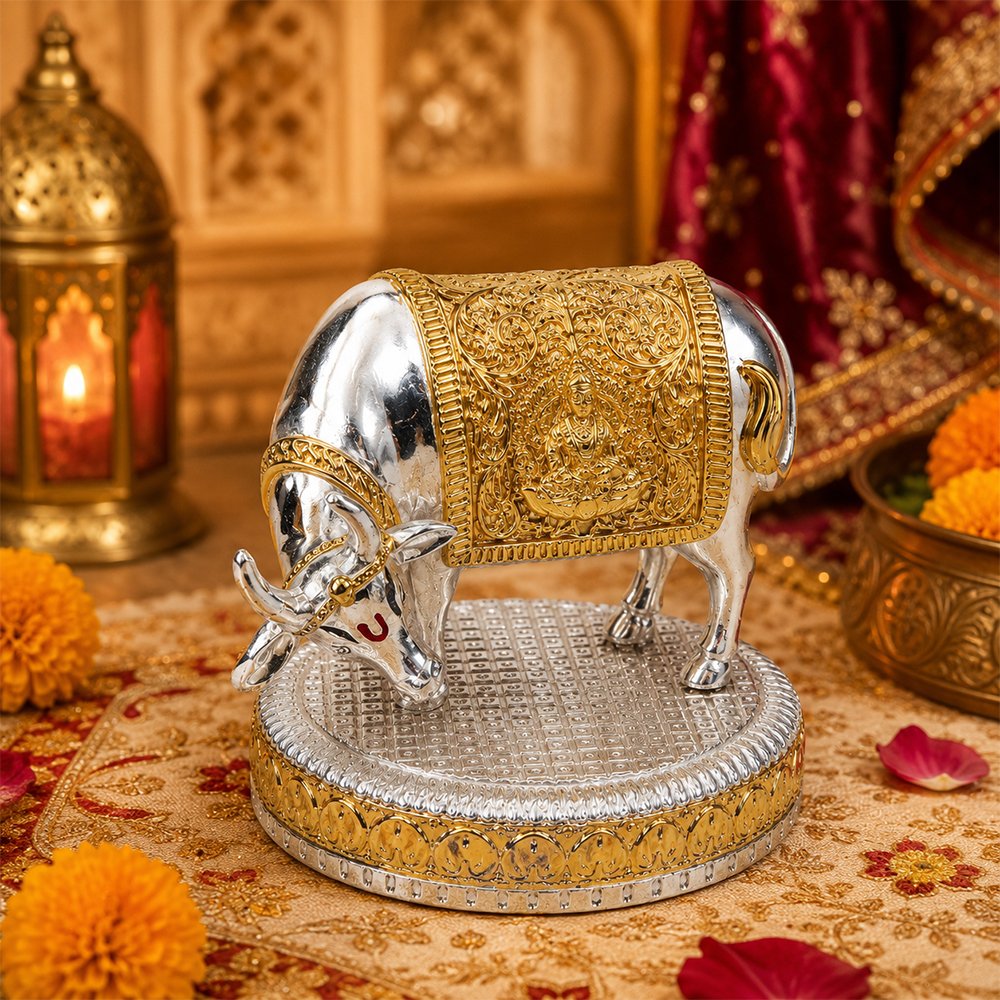 Premium Silver & Gold Kamdhenu Cow Statue with Goddess Lakshmi | Vastu & Home Temple Decor