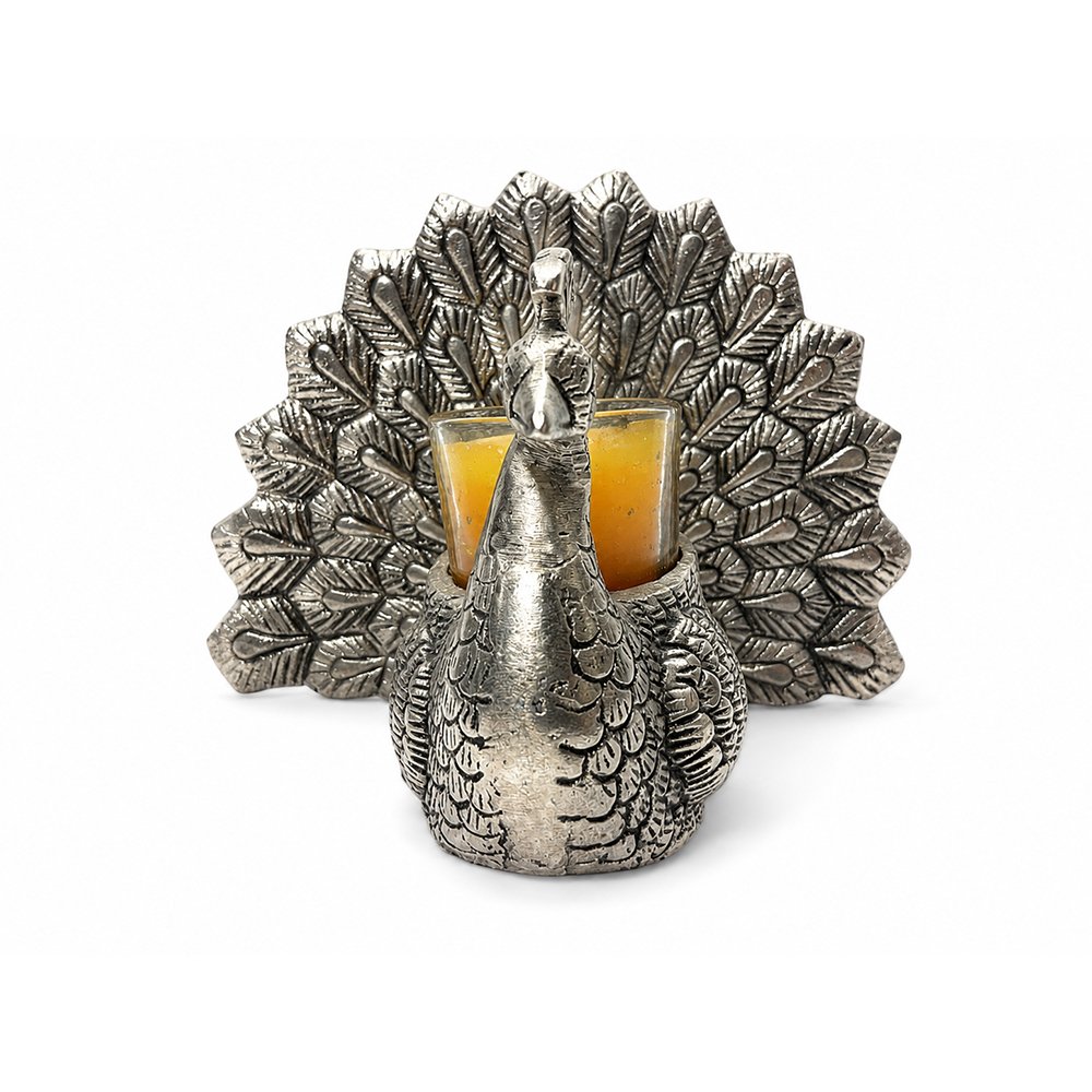 Premium Silver Plated Peacock Tealight Candle Holder | Decorative Devotional Candle Stand for Home Temple & Living Room