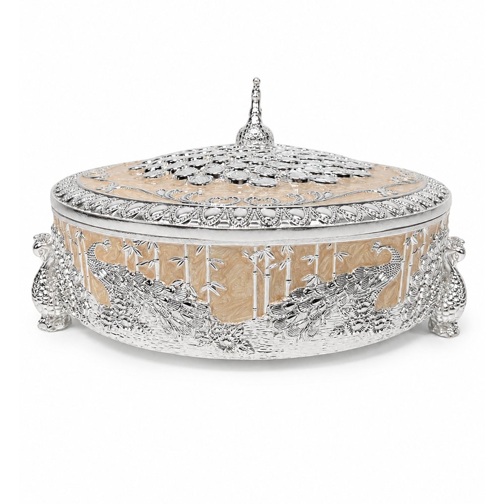 Premium Peacock Design Dry Fruit Box with 4 Compartments – Decorative Silver Plated Serving & Gift Box