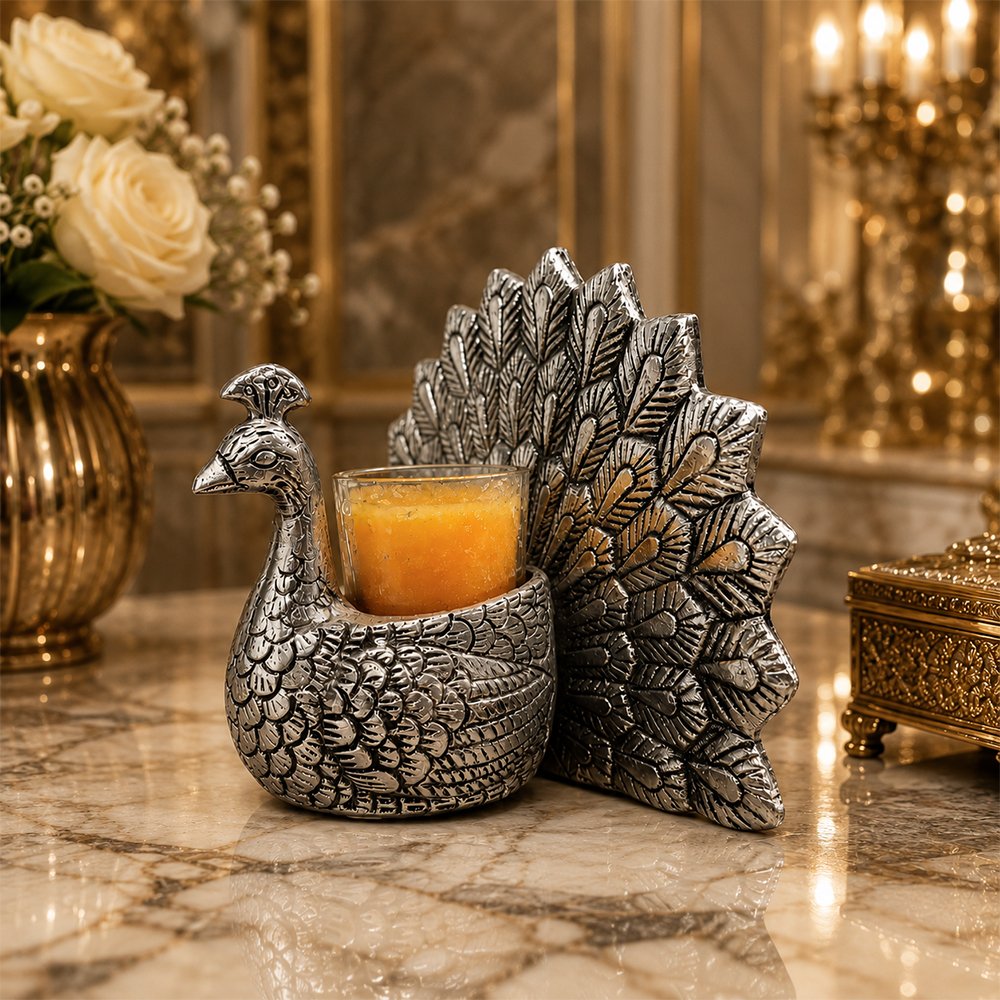 Premium Silver Plated Peacock Tealight Candle Holder | Decorative Devotional Candle Stand for Home Temple & Living Room