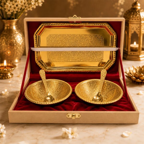 Gold Plated Prasadi Bhog Thali Set with 2 Bowls, Spoons & Serving Tray in Premium Gift Box