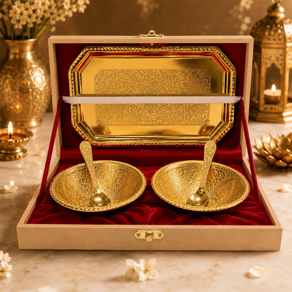 Gold Plated Prasadi Bhog Thali Set with 2 Bowls, Spoons & Serving Tray in Premium Gift Box