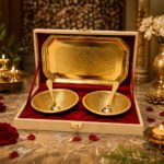 Gold Plated Prasadi Bhog Thali Set with 2 Bowls, Spoons & Serving Tray in Premium Gift Box