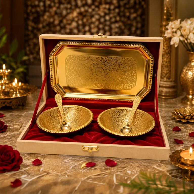Gold Plated Prasadi Bhog Thali Set with 2 Bowls, Spoons & Serving Tray in Premium Gift Box
