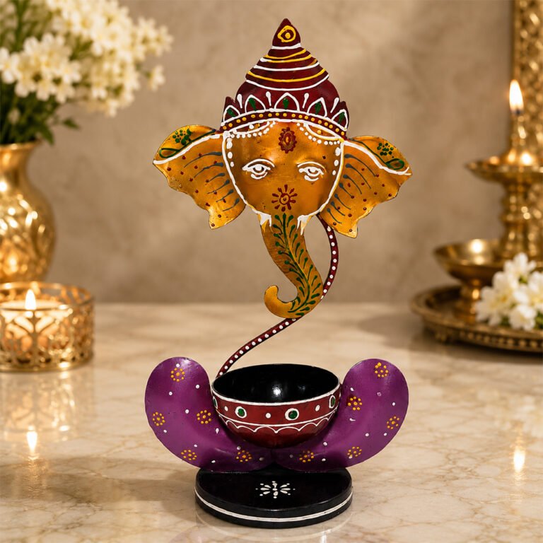 Handcrafted Lord Ganesha Hand-Painted Metal Diya Stand – Decorative Pooja Oil Lamp Holder