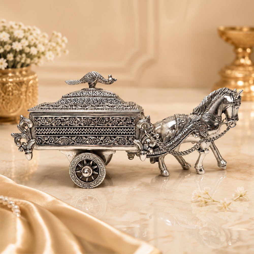 Handcrafted Silver Finish Horse Cart Dry Fruit Box with Peacock Lid – Decorative Serving & Gift Box