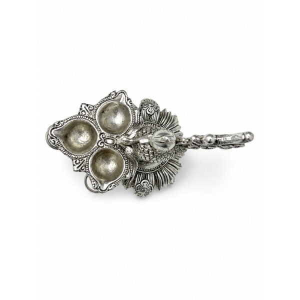 Premium Peacock Three-Wick Aarti Diya with Hanging Bells | Silver Finish Metal Pooja Lamp for Home Temple
