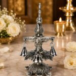 Premium Peacock Three-Wick Aarti Diya with Hanging Bells | Silver Finish Metal Pooja Lamp for Home Temple