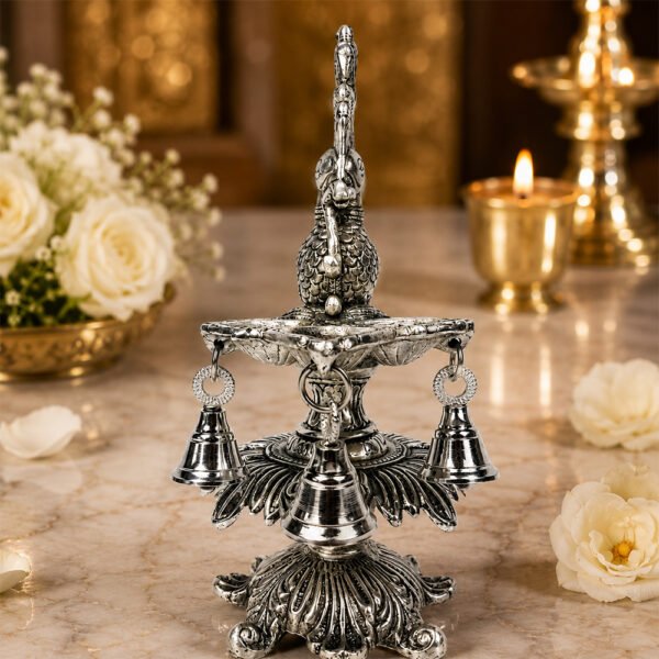 Premium Peacock Three-Wick Aarti Diya with Hanging Bells | Silver Finish Metal Pooja Lamp for Home Temple