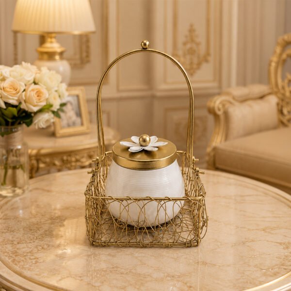 Luxury Decorative Storage Jar with Gold Metal Basket | Elegant Kitchen & Tabletop Organizer