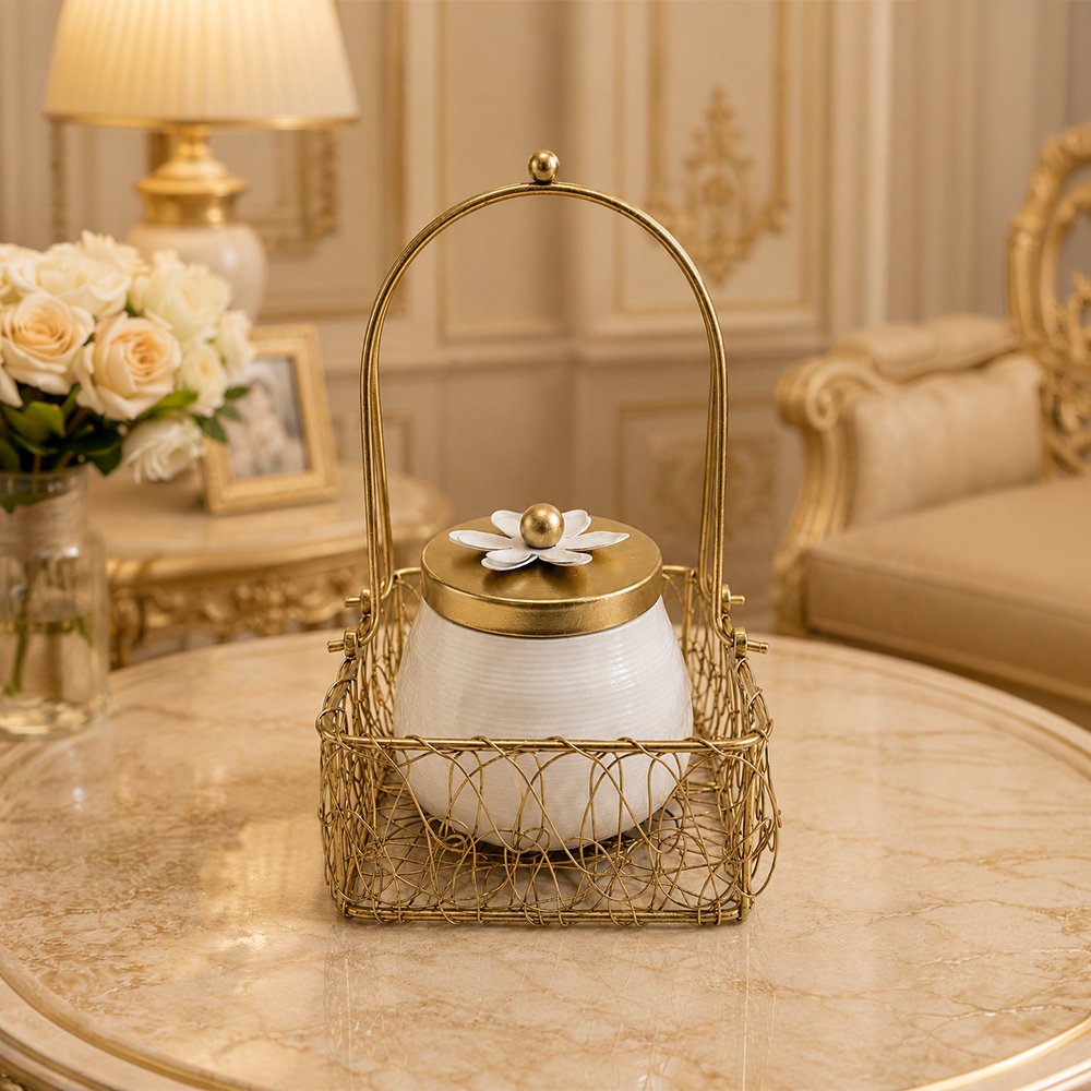 Luxury Decorative Storage Jar with Gold Metal Basket | Elegant Kitchen & Tabletop Organizer