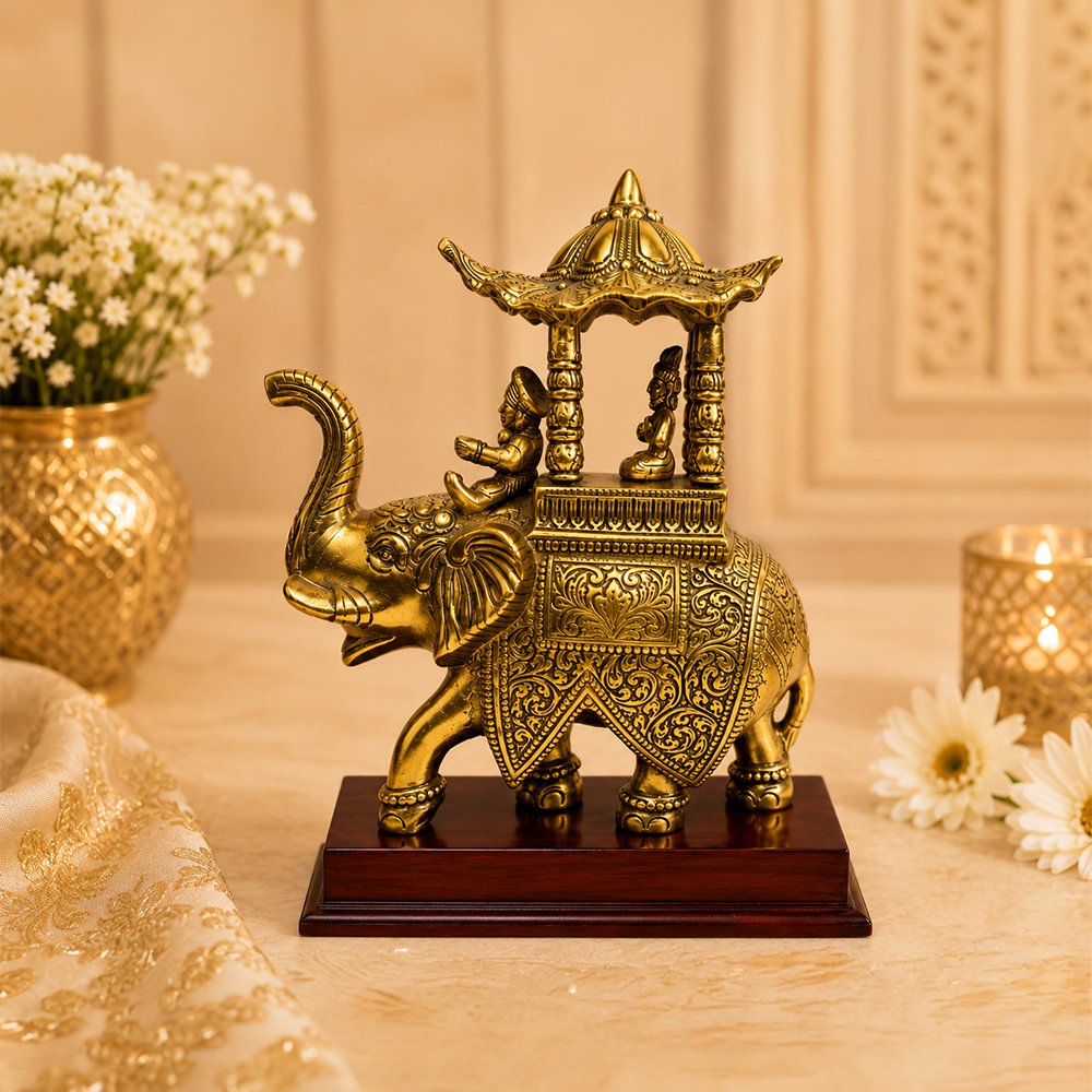 Royal Brass Ambari Elephant Statue with Divine Canopy on Wooden Base | Luxury Vastu Home Decor