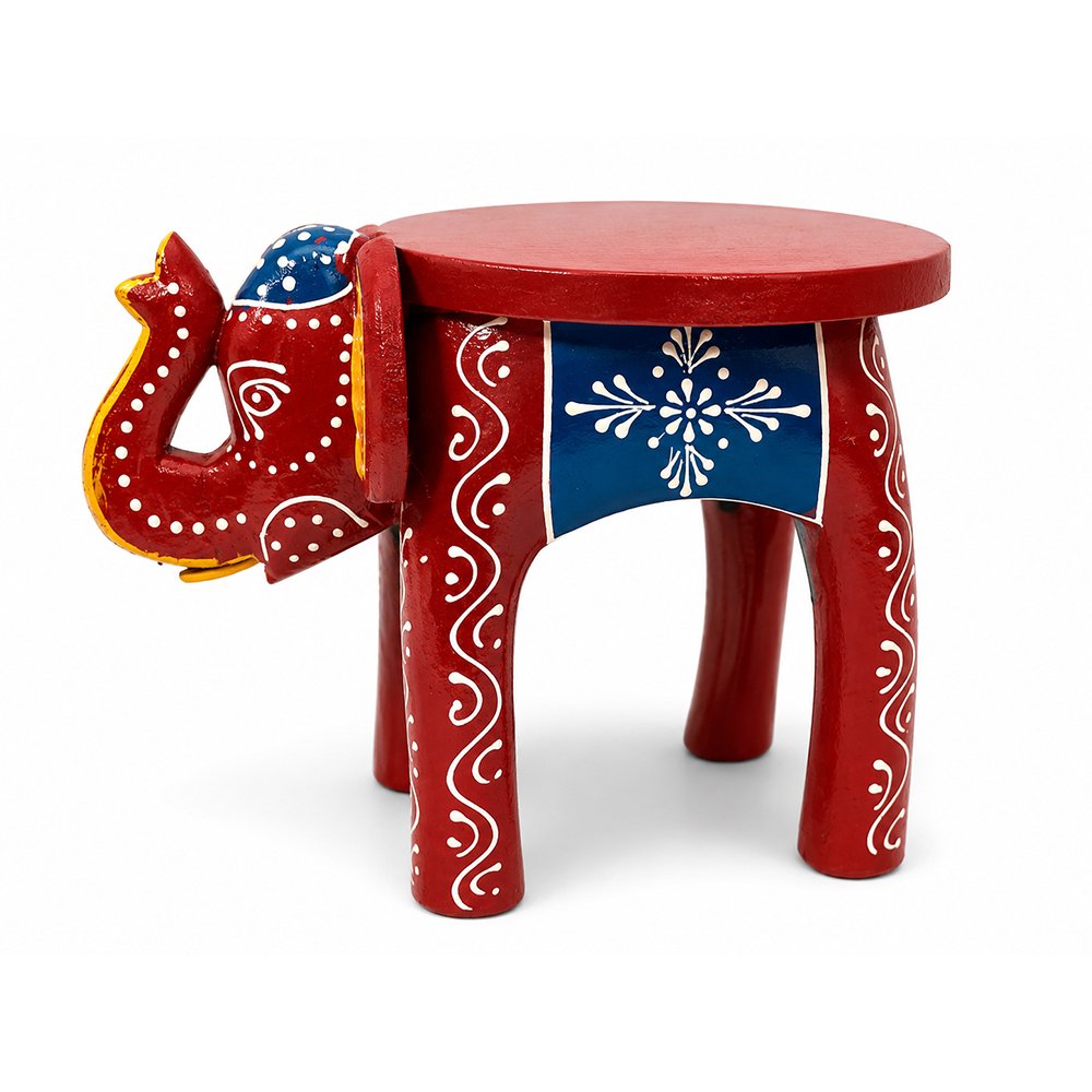 Handcrafted Wooden Elephant Stool | Traditional Rajasthani Hand-Painted Decorative Side Stool