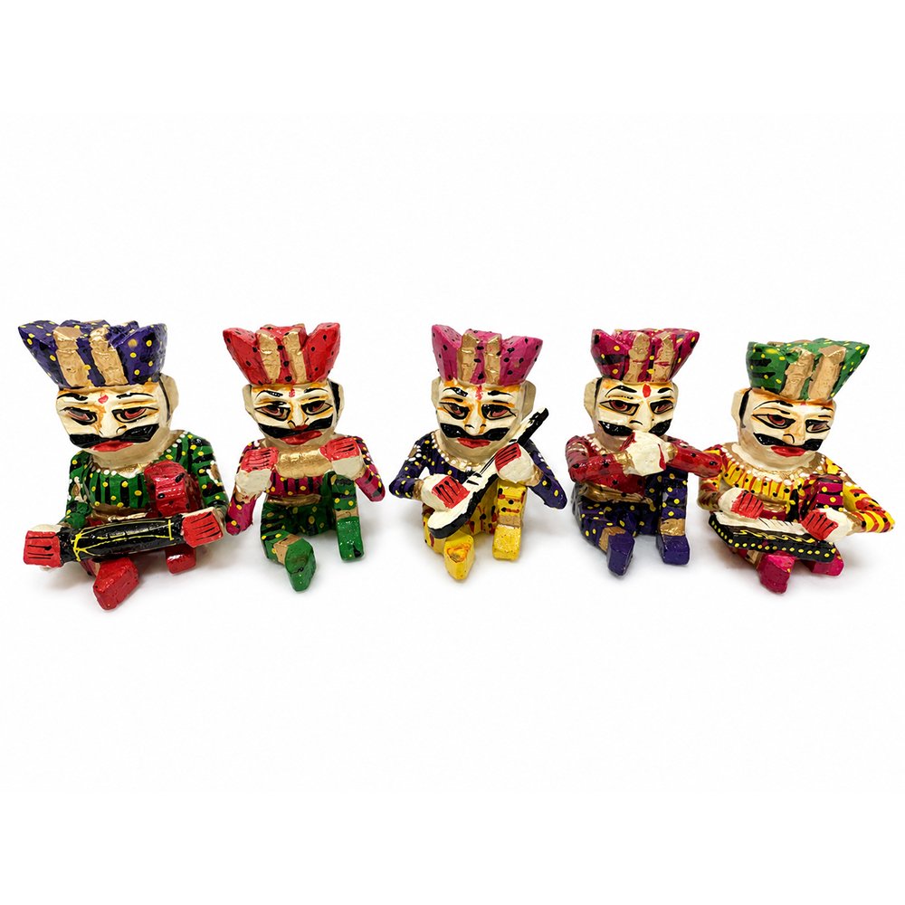 Handcrafted Rajasthani Wooden Folk Musician Figurine Set | Traditional Indian Musical Decor