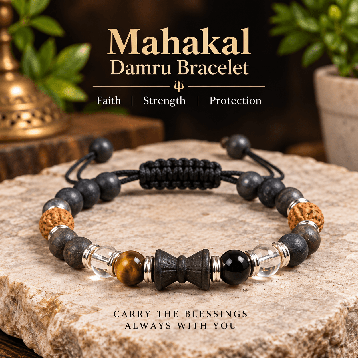 Mahakal Damru Bracelet with Rudraksha & Adjustable Black Thread