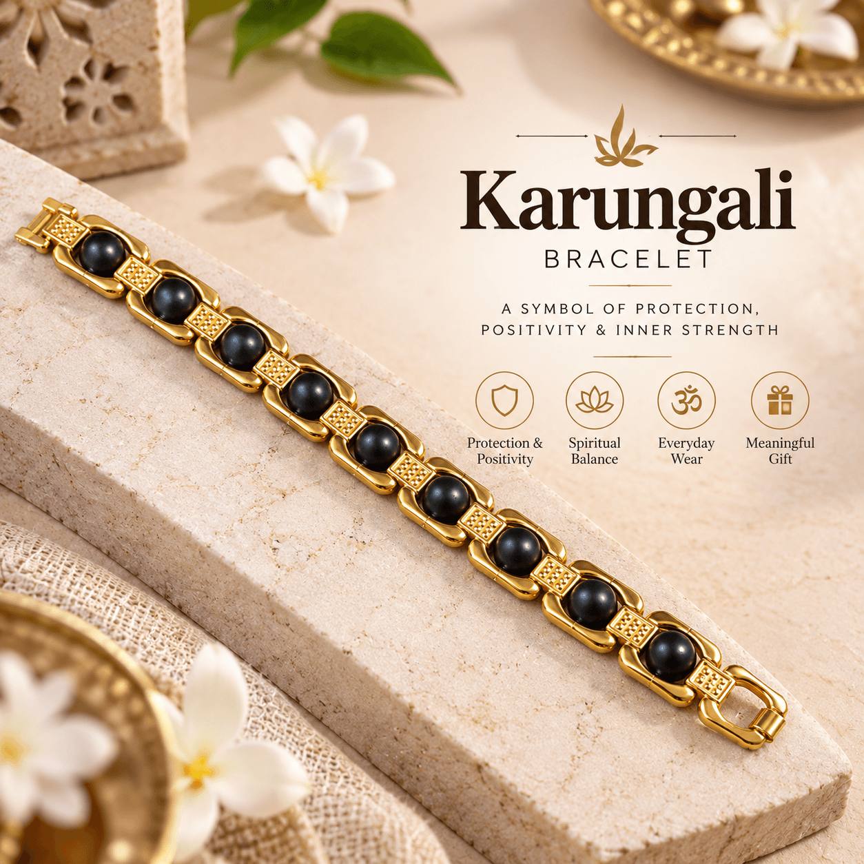 Karungali Bracelet – Natural Karungali Bead Gold-Tone Bracelet
