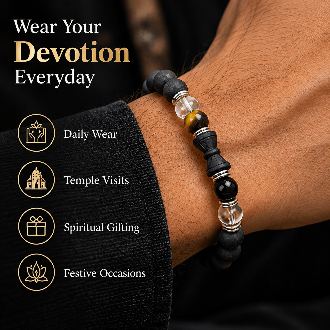 Mahakal Damru Bracelet with Rudraksha & Adjustable Black Thread