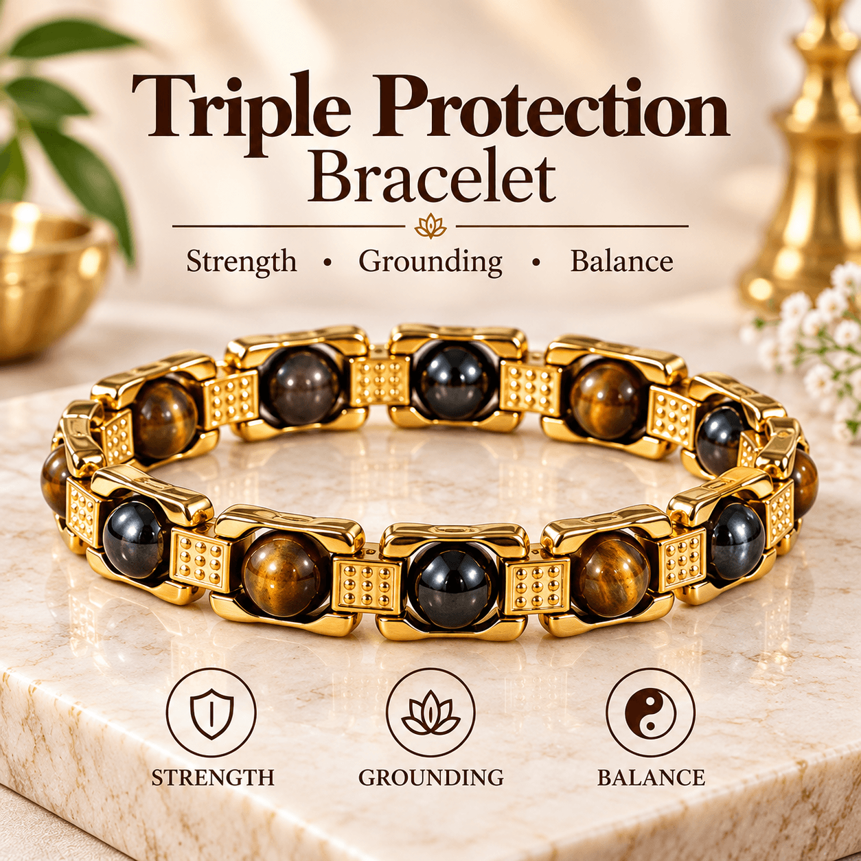 Triple Protection Tiger Eye, Black Obsidian & Hematite Bracelet