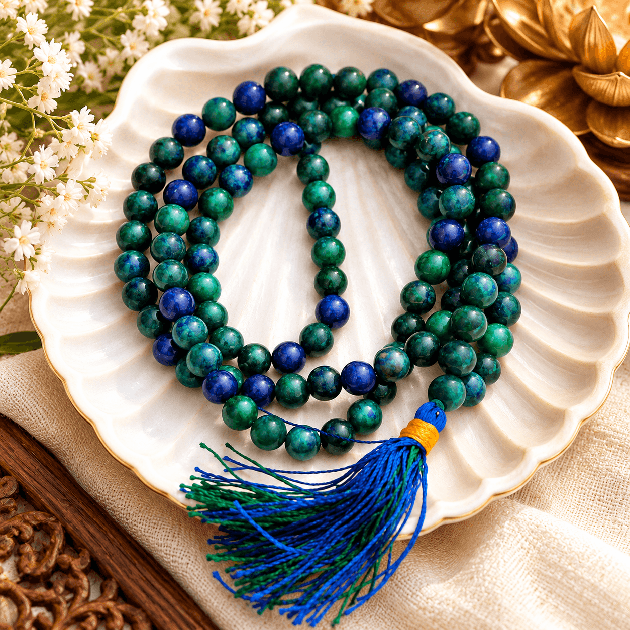 Azurite Jap Mala | Blue-Green Prayer Beads with Tassel