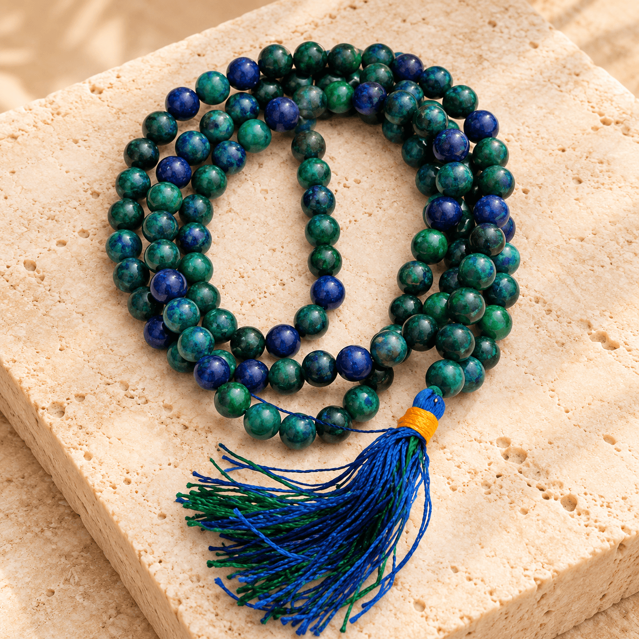 Azurite Jap Mala | Blue-Green Prayer Beads with Tassel