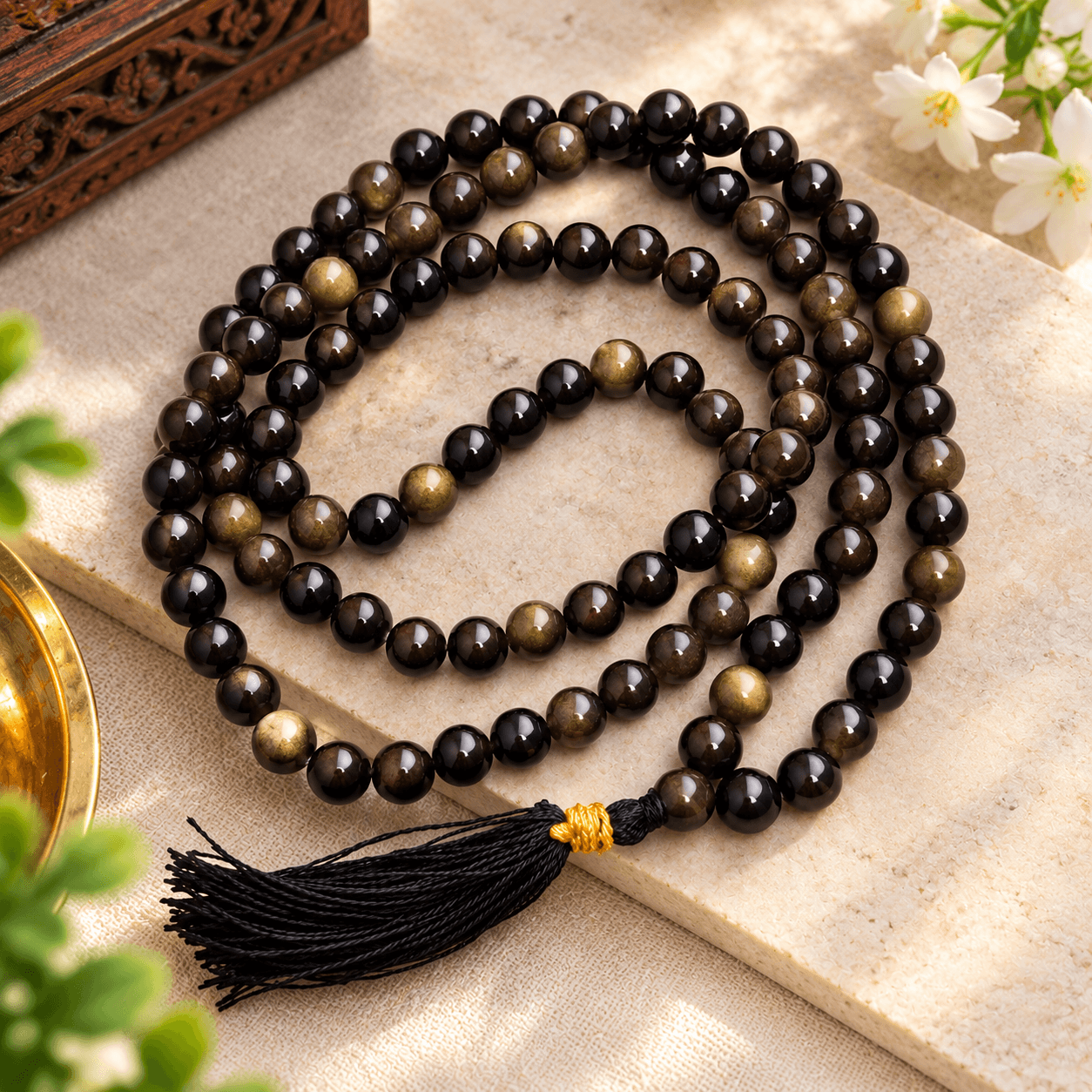 Black Obsidian Jap Mala | Polished Black Meditation Prayer Beads