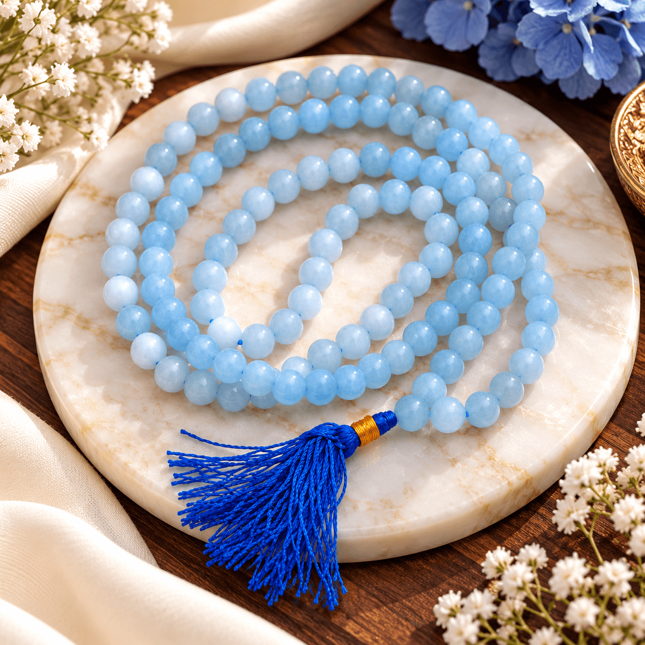 Aquamarine Jap Mala | Light Blue Meditation Prayer Beads