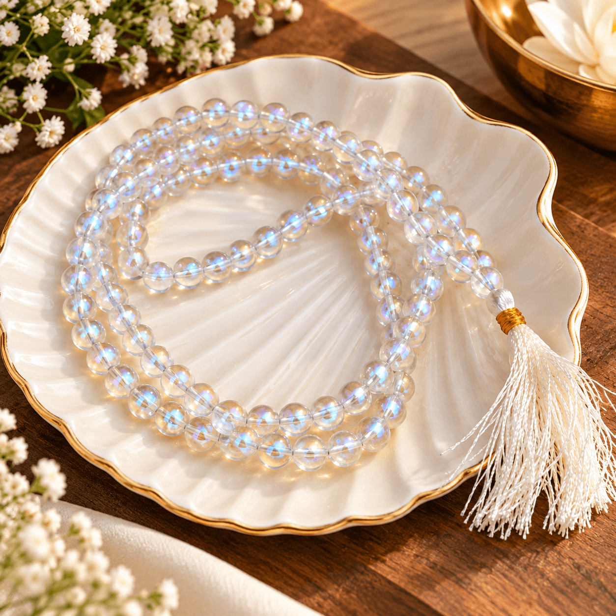 Angel Aura Quartz Jap Mala | Iridescent Meditation Beads