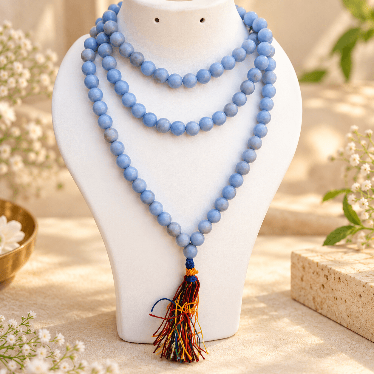 Angelite Jap Mala | Light Blue Prayer Beads with Tassel