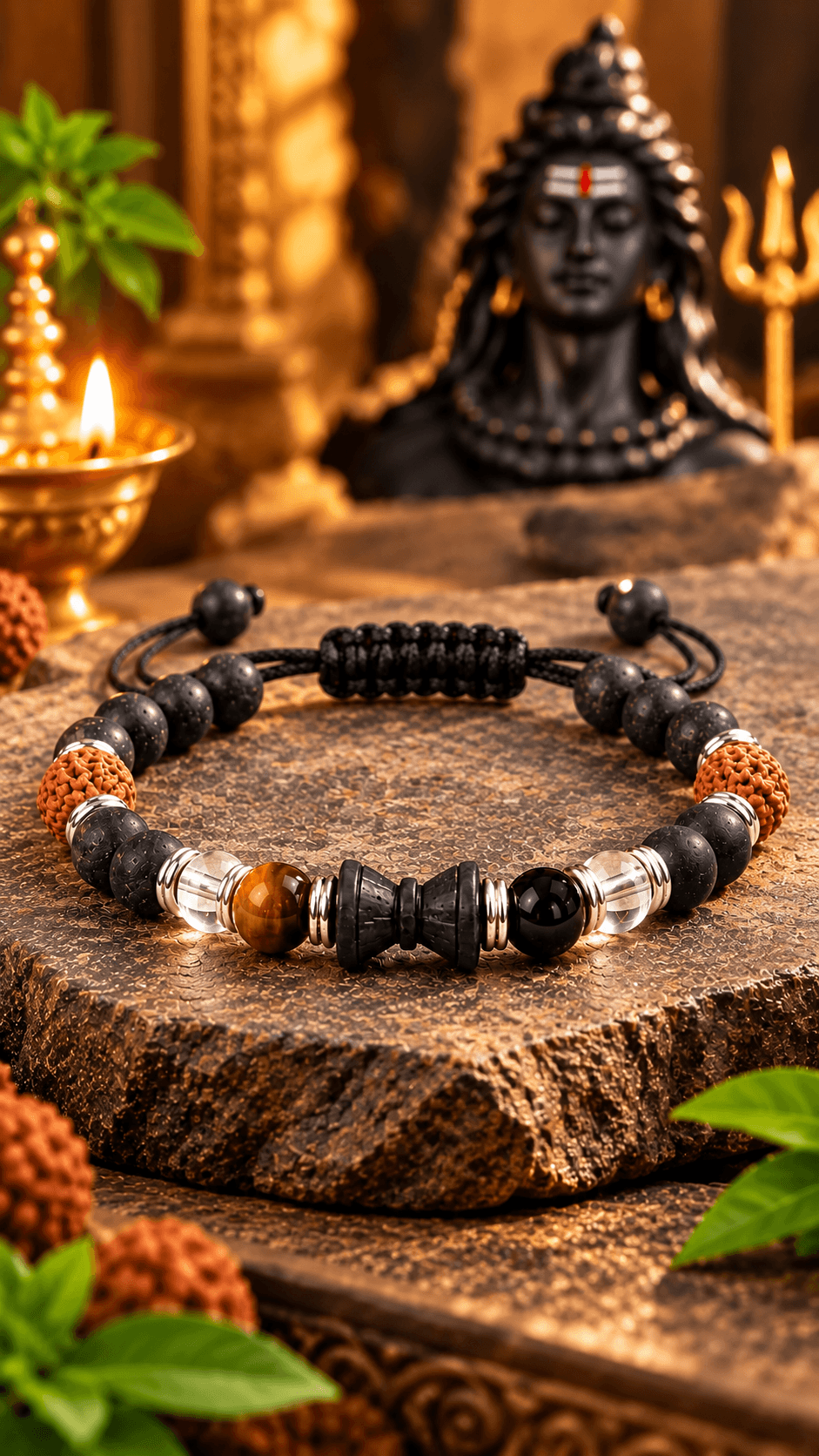 Mahakal Damru Bracelet with Rudraksha & Adjustable Black Thread