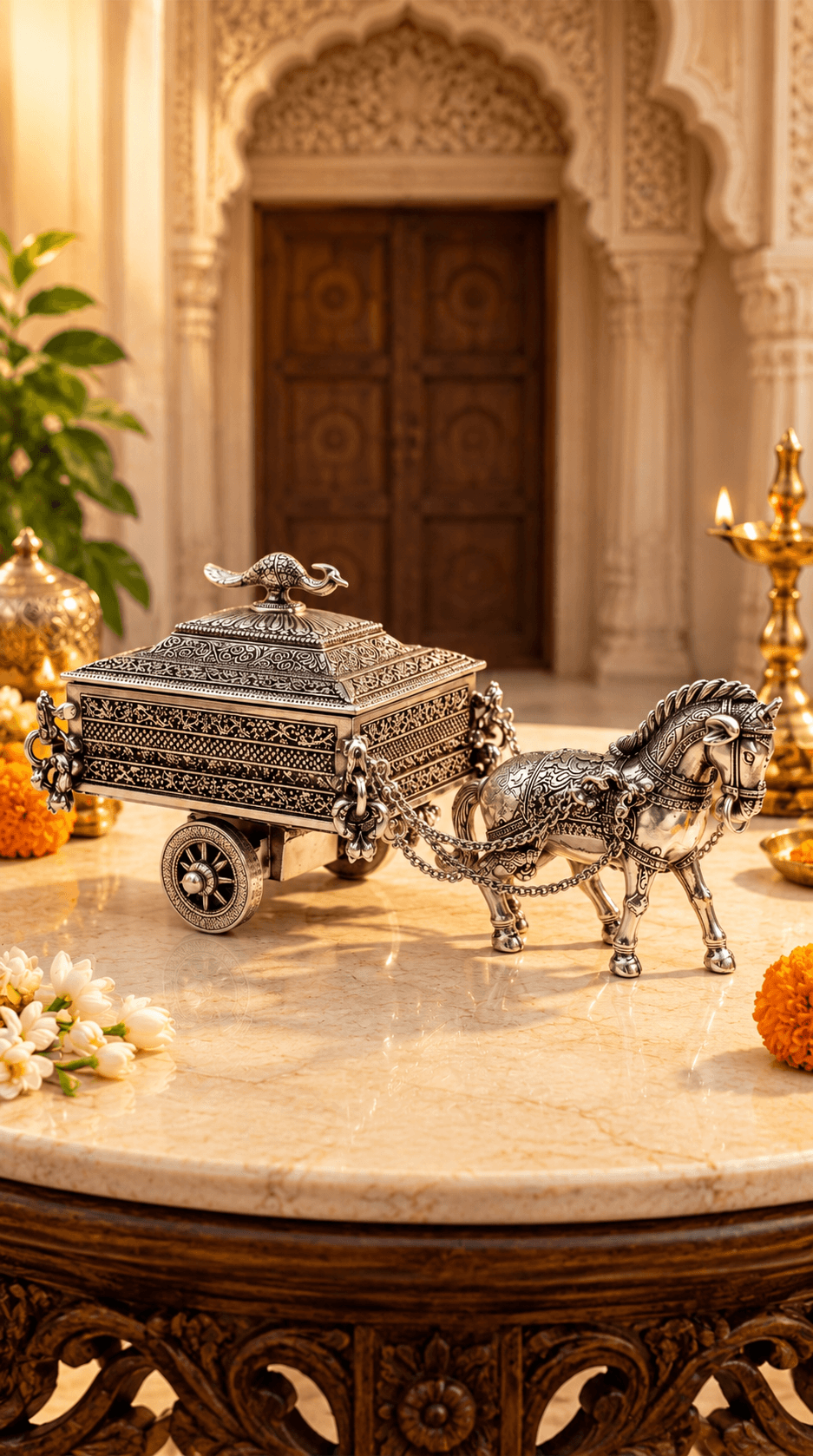 Handcrafted Silver Finish Horse Cart Dry Fruit Box with Peacock Lid – Decorative Serving & Gift Box